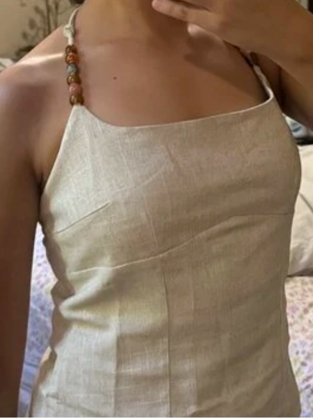 Linen-Blend Beaded Strap Cami Top in Cream
